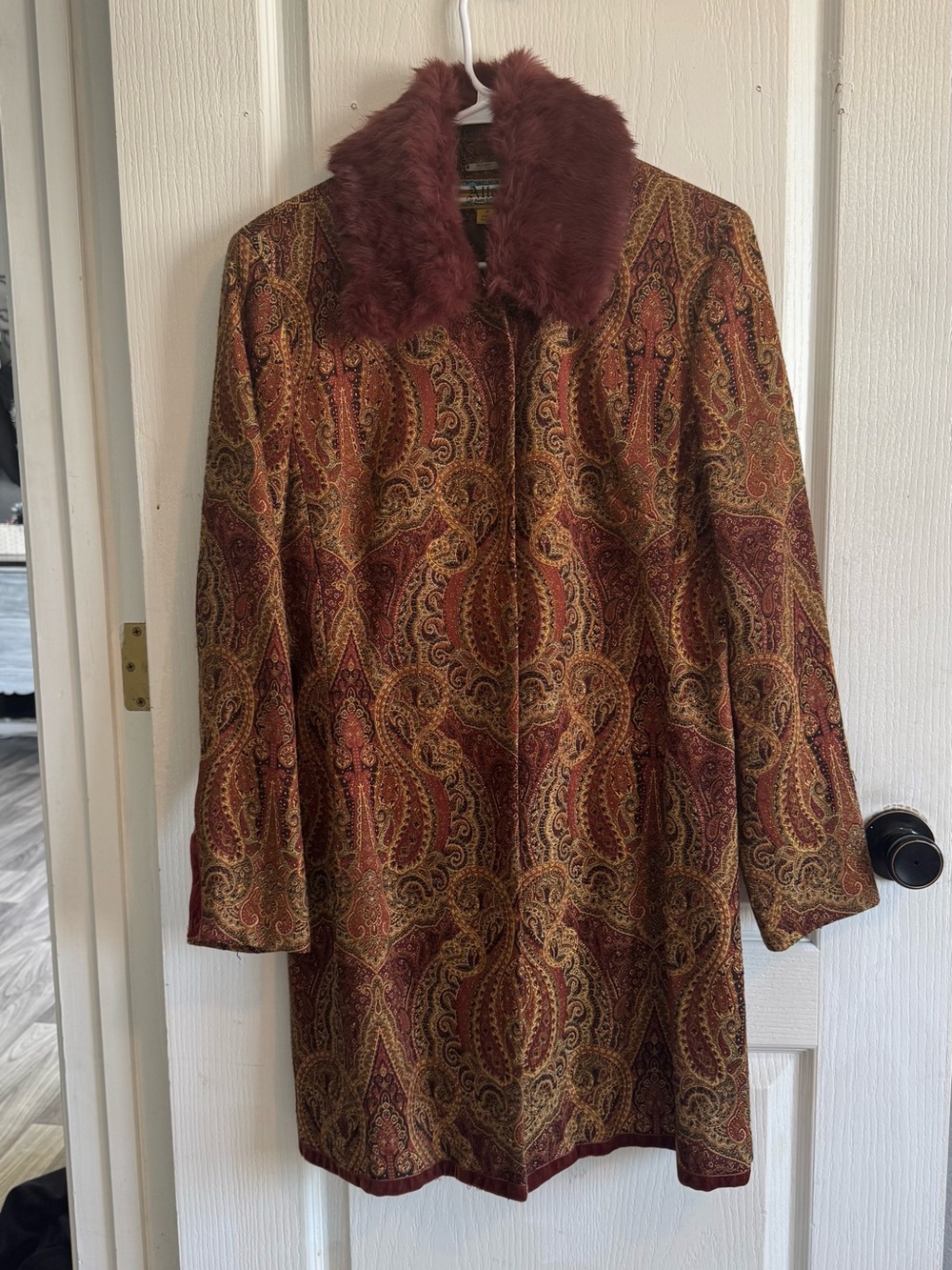 Allen B. by Allen Schwartz Burgundy Paisley Trench Coat with Faux-Fur Collar